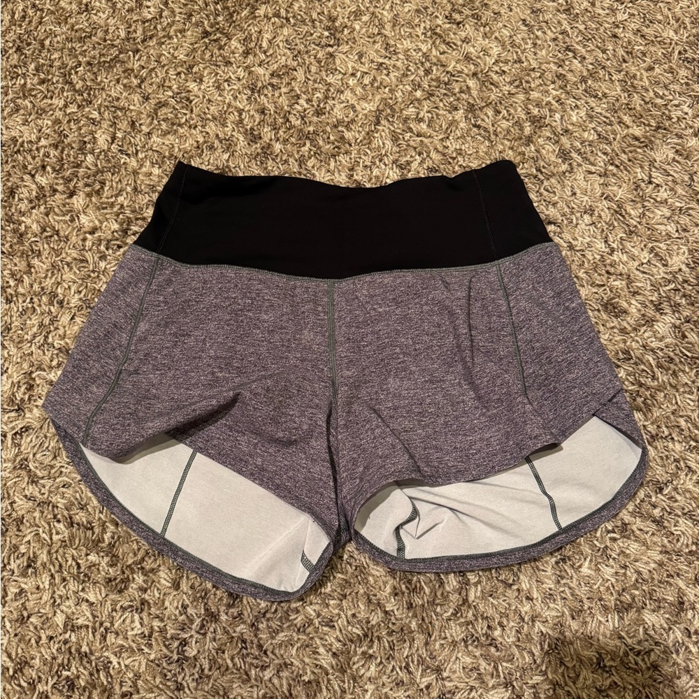 Lululemon Athletica Heathered Gray and Black High Waisted 4” Speed Up Shorts